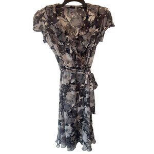 Womens Black White Floral Sheer Ruffle Short Sleeve Dress 8 NEW Soft Romantic